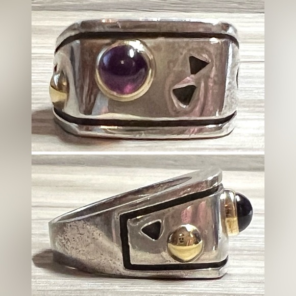 Retired Designer John Atencio Sterling Silver & 18K Gold Amethyst Solar Ring - Picture 1 of 10